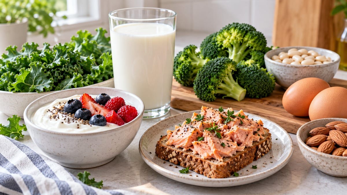 Milk, yogurt, salmon, kale, broccoli, beans, eggs, and almonds on a kitchen counter
