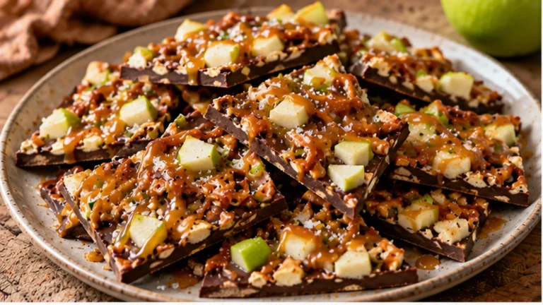 Caramel apple bark with semisweet chocolate, pretzels, diced green apple, and caramel drizzle