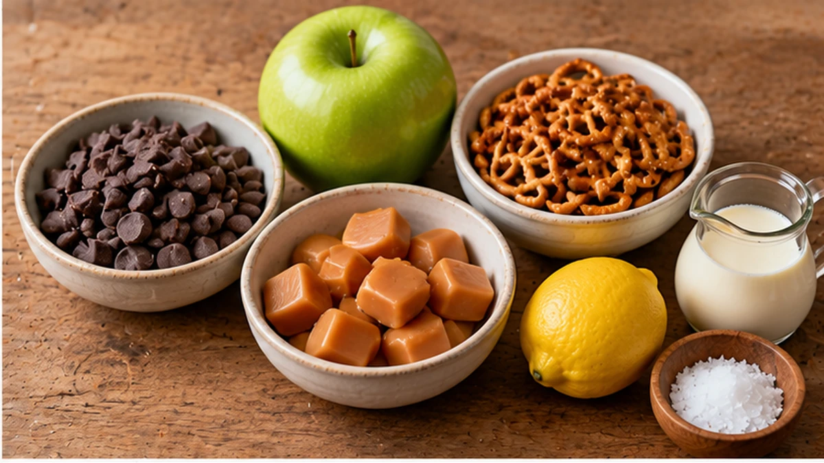 Semisweet chocolate, mini pretzels, Granny Smith apple, soft caramels, cream, lemon, and flaky salt for caramel apple bark