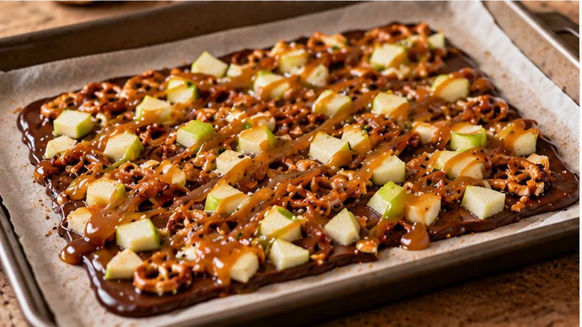 Melted chocolate spread on parchment and topped with pretzels and diced green apple before caramel drizzle