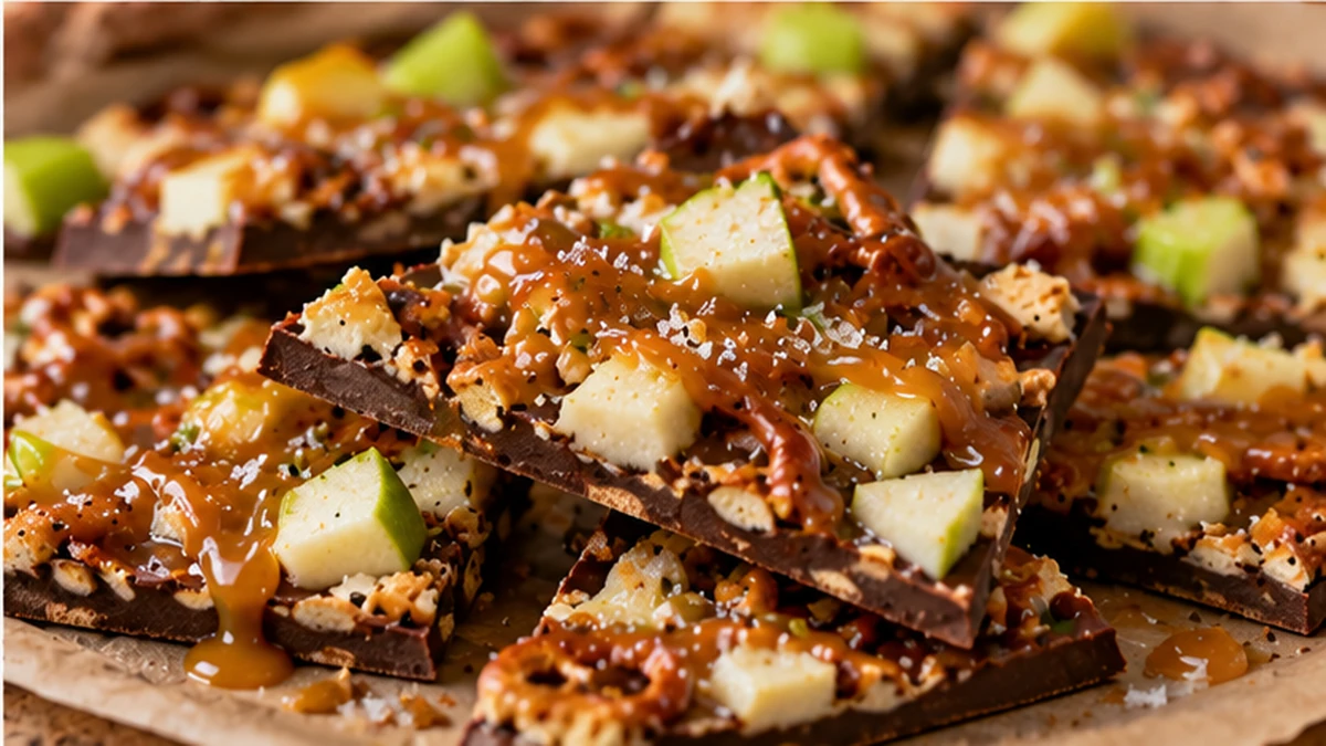 Broken pieces of chilled caramel apple bark showing chocolate, pretzels, green apple, and caramel