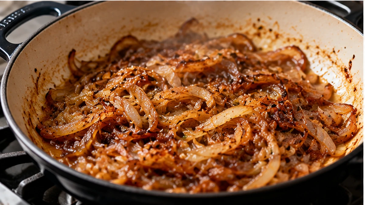 Deep golden caramelized onions cooking in a skillet for French onion white beans