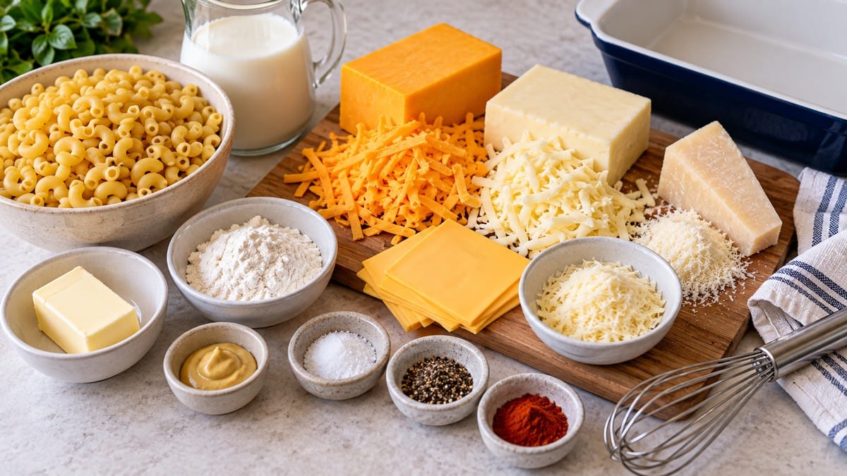 Elbow macaroni, milk, butter, flour, mustard, Cheddar, American cheese, Monterey Jack, Parmesan, Romano, and seasonings for mac and cheese, ingredients for Chick-fil-A Mac and Cheese Recipe