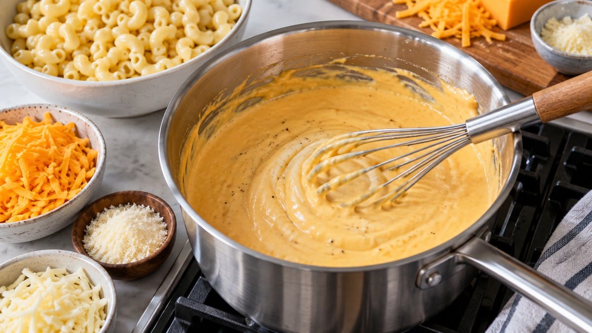 Smooth cheese sauce being whisked in a saucepan beside cooked elbow macaroni and shredded cheeses, Chick-fil-A Mac and Cheese Recipe process 