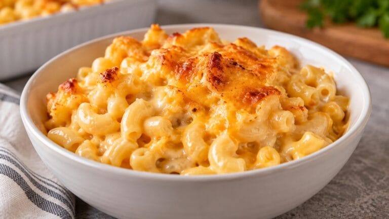 Creamy baked mac and cheese copycat served in a white bowl with golden browned cheese on top