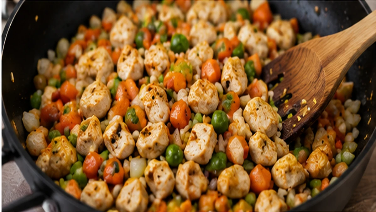 Browned chicken pieces and mixed vegetables cooking in a skillet for high protein fried rice