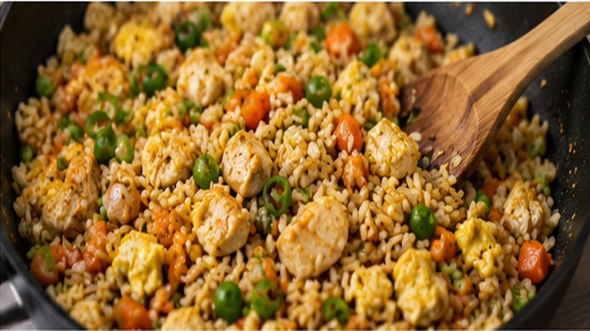 Chicken fried rice with eggs and vegetables being tossed together in a hot skillet for High Protein Chicken Fried Rice Meal Prep 