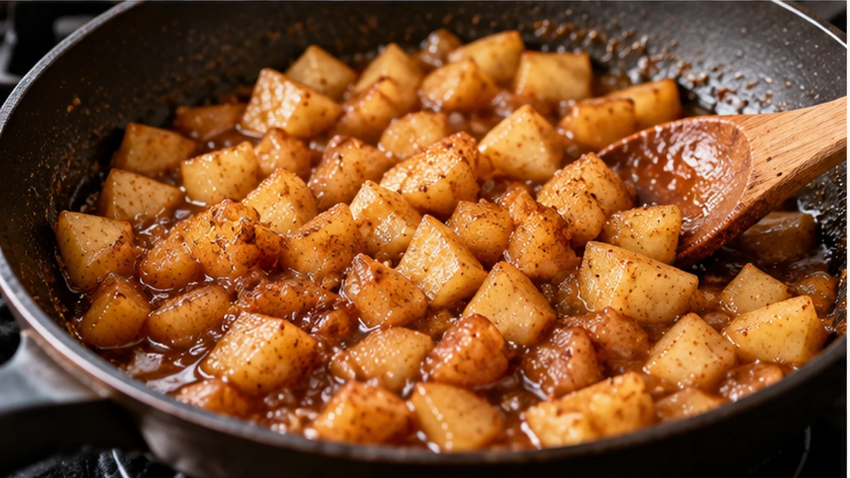 Diced apples cooking with brown sugar and cinnamon in a skillet for spoon cake