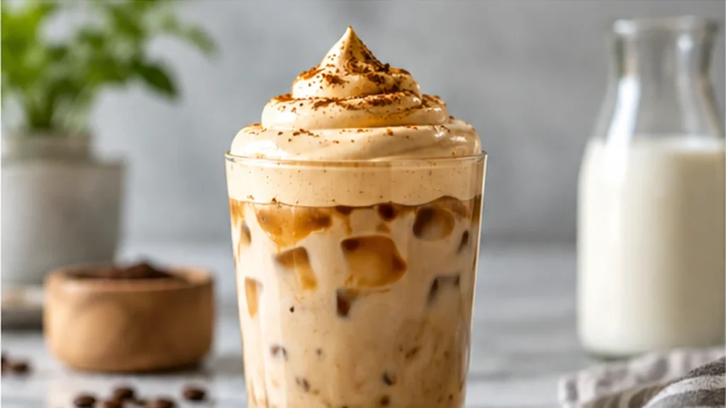 Iced cloud coffee topped with fluffy aquafaba coffee foam