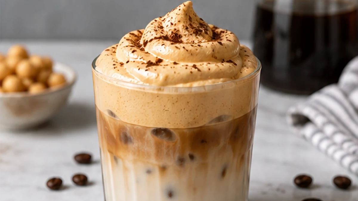 Thick whipped aquafaba coffee foam spooned over iced almond milk