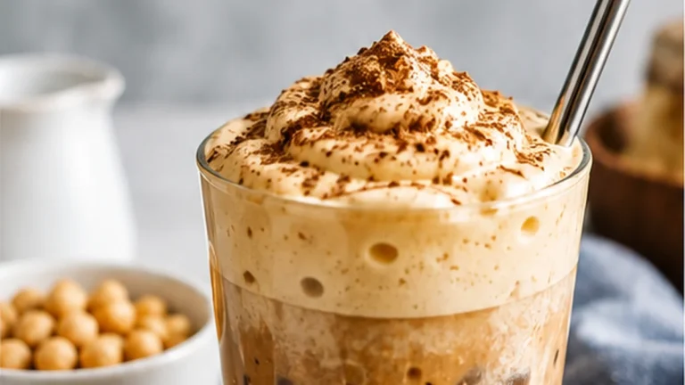 Close-up of aquafaba cloud coffee with thick coffee foam over ice