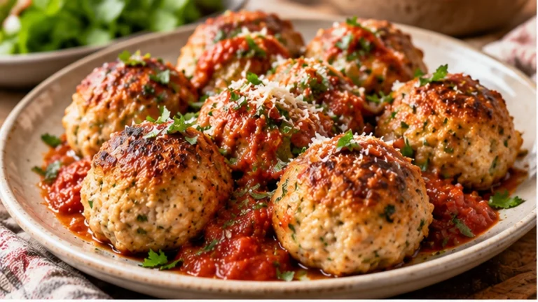 Golden baked cottage cheese chicken meatballs served with marinara, Parmesan, and parsley