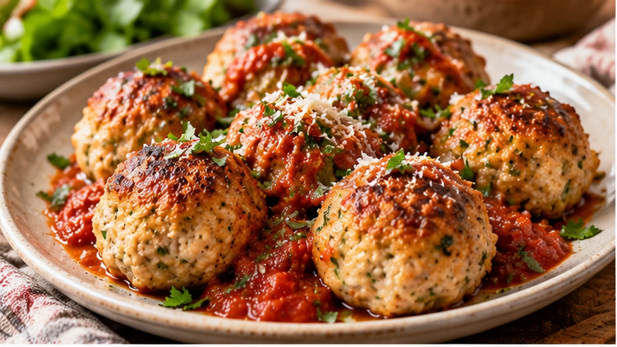 Golden baked cottage cheese chicken meatballs served with marinara, Parmesan, and parsley
