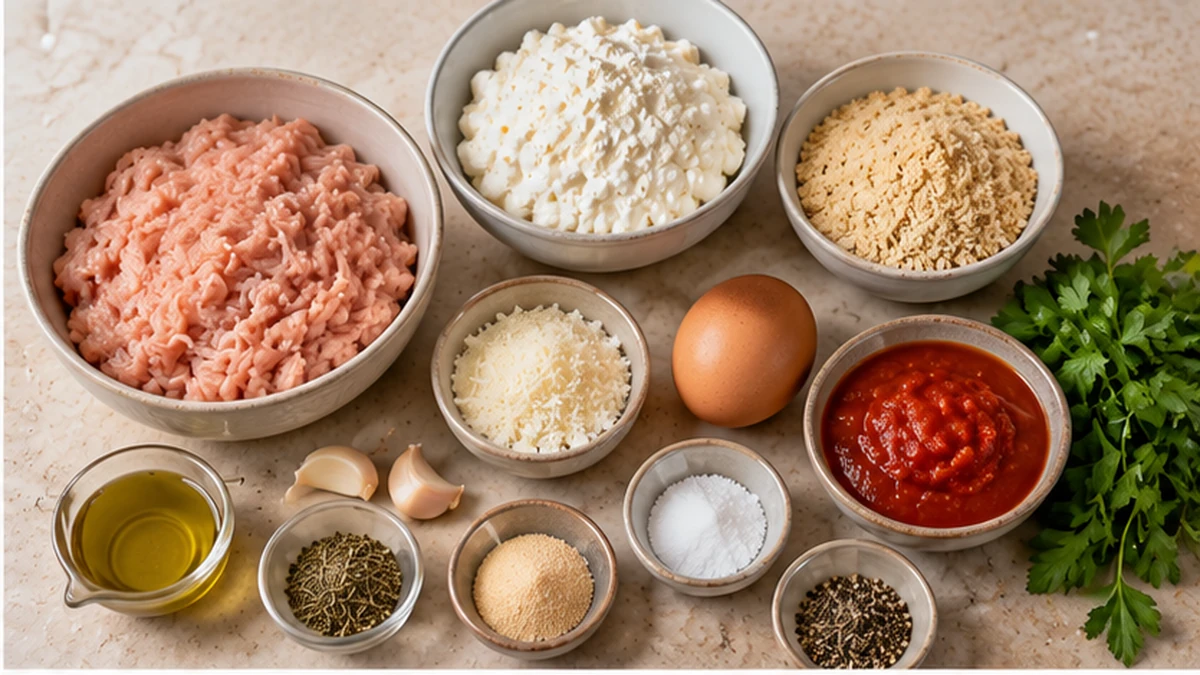 Ground chicken, cottage cheese, panko, Parmesan, egg, garlic, herbs, olive oil, and marinara for chicken meatballs