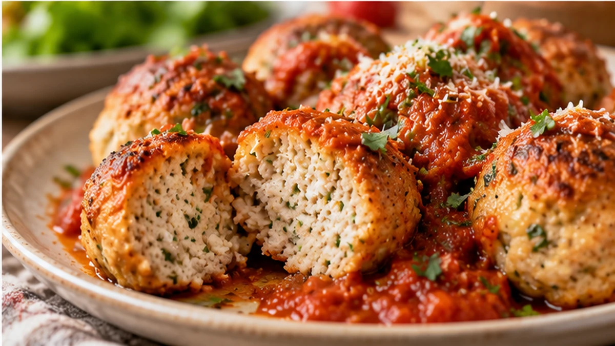 Baked cottage cheese chicken meatball cut open to show a moist tender center