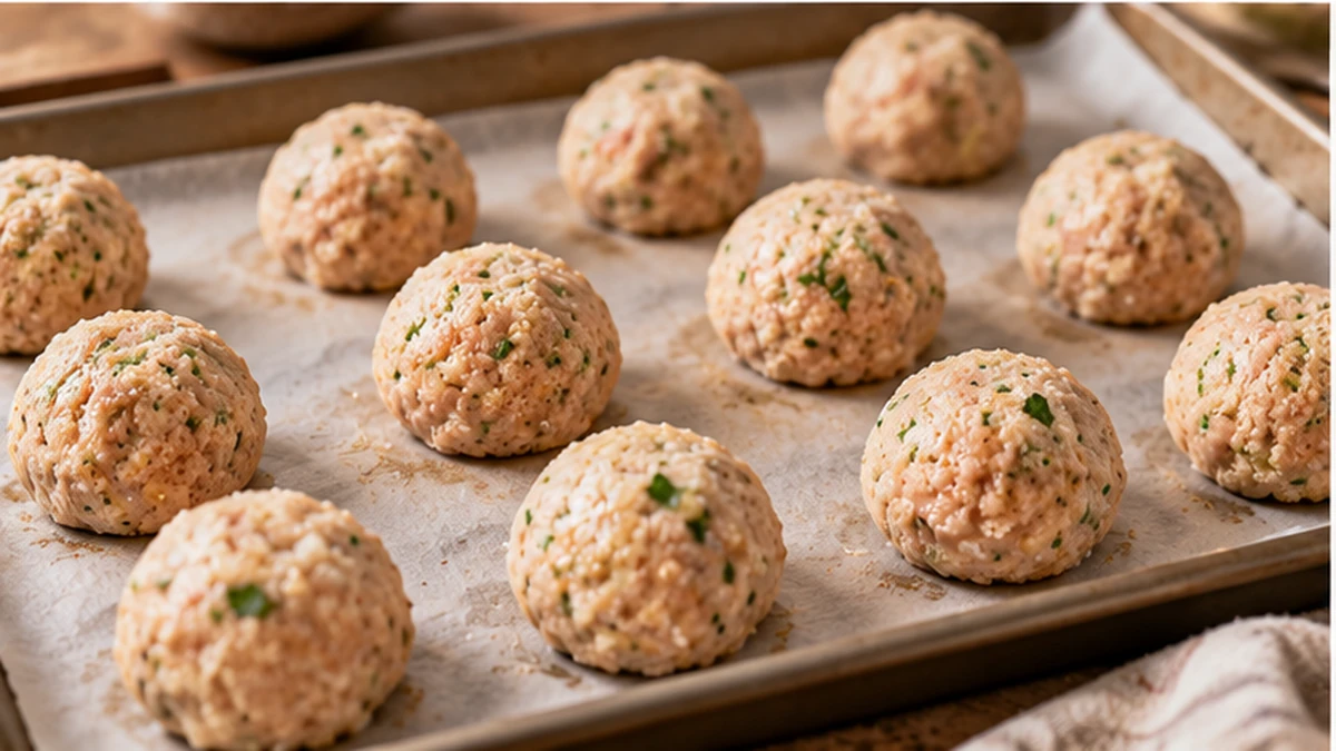 Raw cottage cheese chicken meatballs shaped on a parchment-lined baking sheet before baking