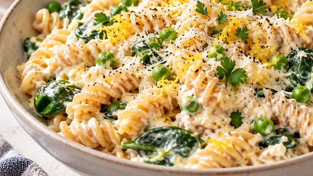 Creamy cottage cheese lemon sauce coating rotini with spinach, peas, black pepper, and Parmesan