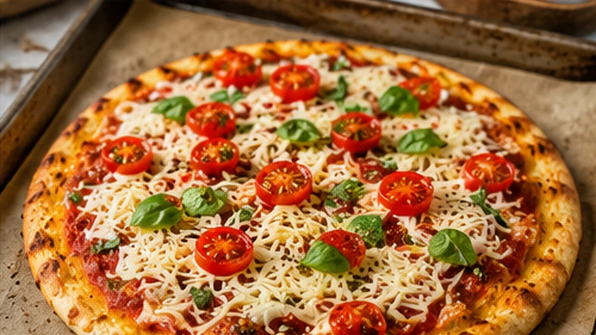 Pre-baked cottage cheese pizza crust topped with tomato sauce, mozzarella, tomatoes, and basil before the final bake