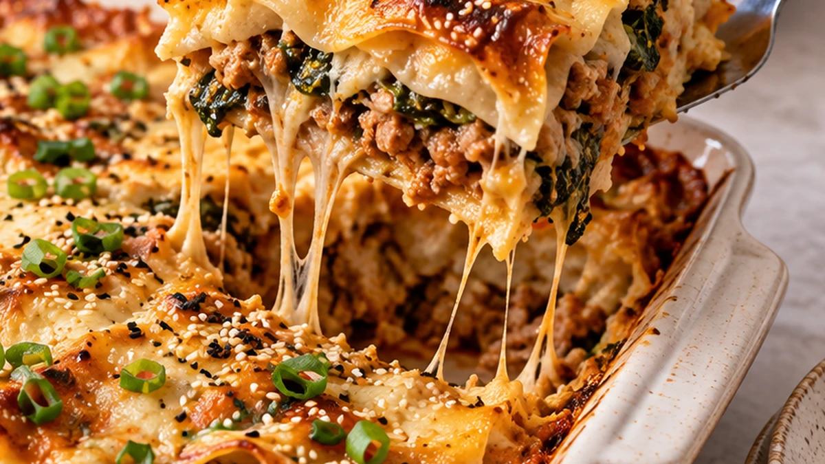 Close-up serving of layered dumpling-style casserole lifted from the dish