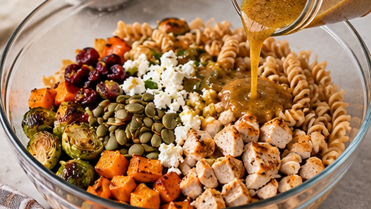 Maple-Dijon dressing being poured over pasta, chicken, roasted vegetables, cranberries, goat cheese, and pepitas