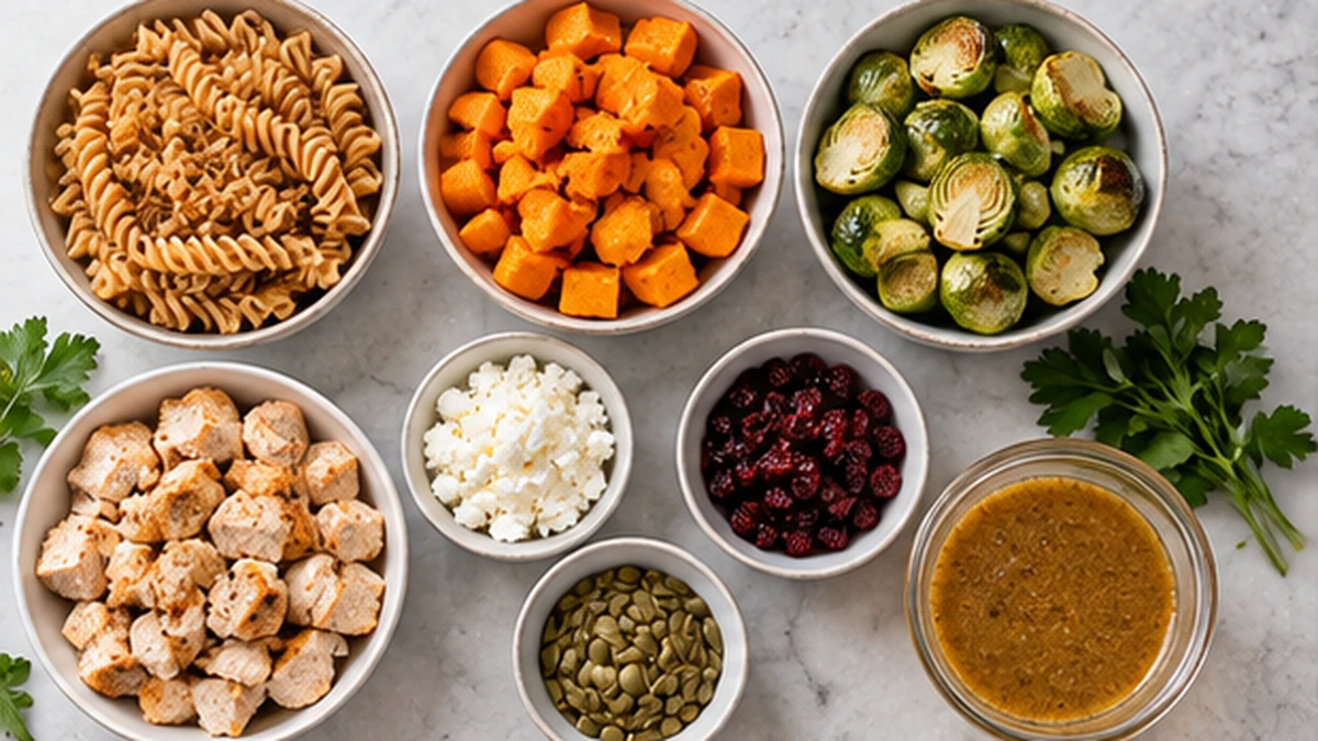 Rotini, chicken, sweet potato, Brussels sprouts, goat cheese, cranberries, pepitas, herbs, and maple-Dijon dressing ingredients