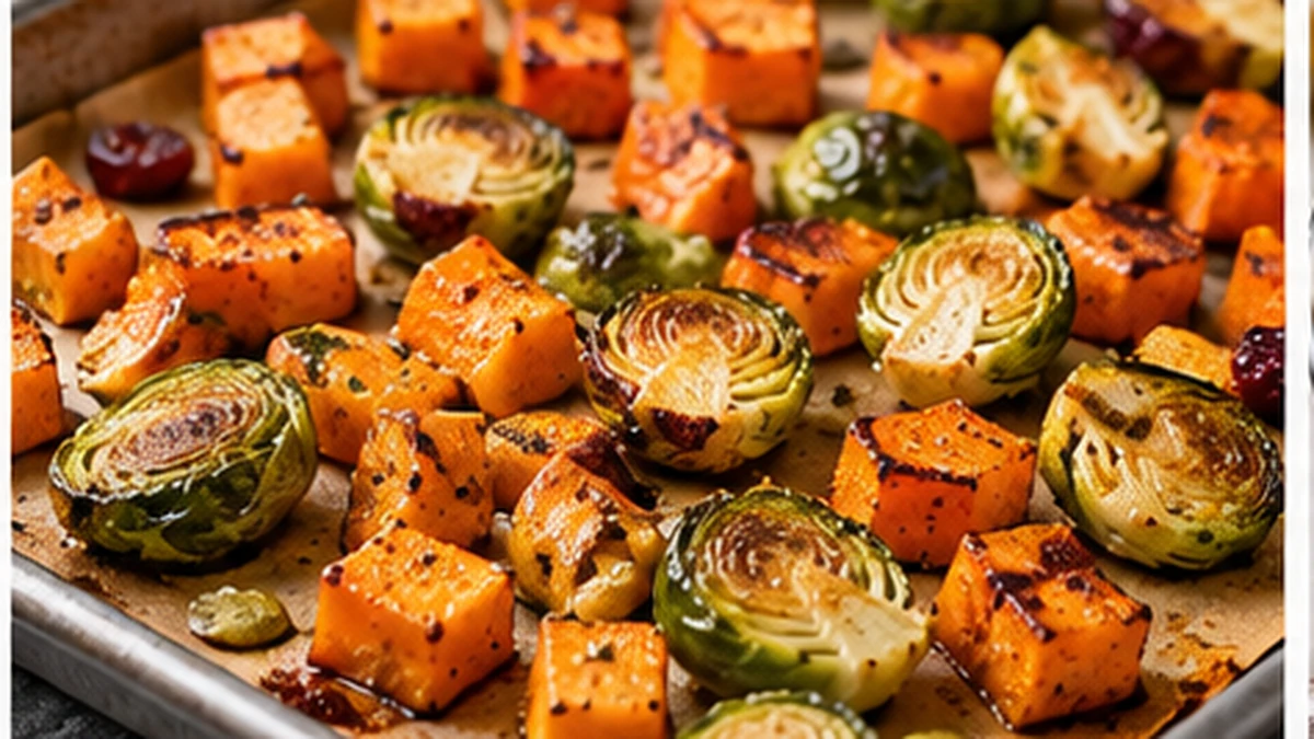 Roasted sweet potato cubes and Brussels sprouts browned on a sheet pan for fall harvest pasta salad