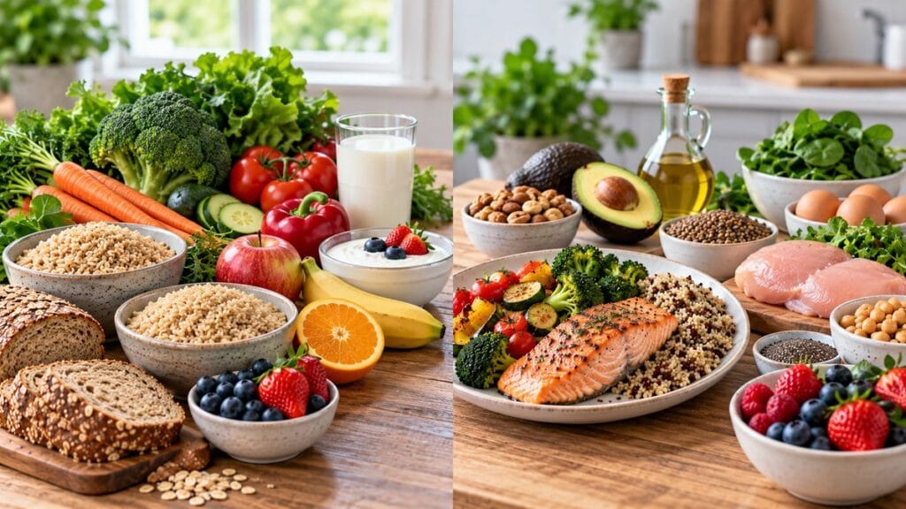 Two balanced whole-food meal patterns with vegetables, fruit, whole grains, dairy, salmon, eggs, legumes, nuts, and healthy fats