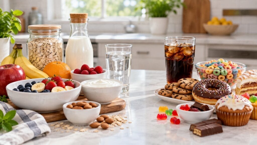 Whole foods with fruit, oats, yogurt, milk, water, and nuts beside sugary cereal, soda, cookies, donuts, candy, and pastries