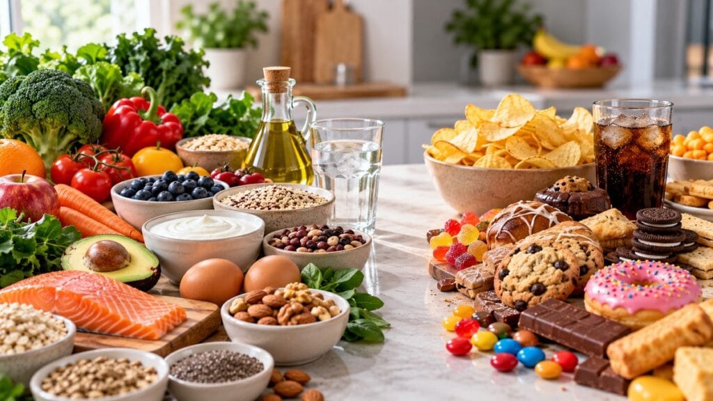 Whole nutrient-dense foods beside chips, cookies, candy, pastries, and cola on a kitchen counter