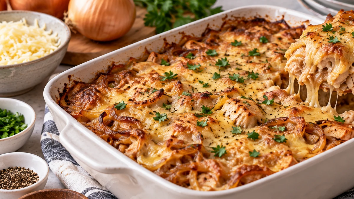 Caramelized onions and melted Gruyère on high protein French onion chicken casserole