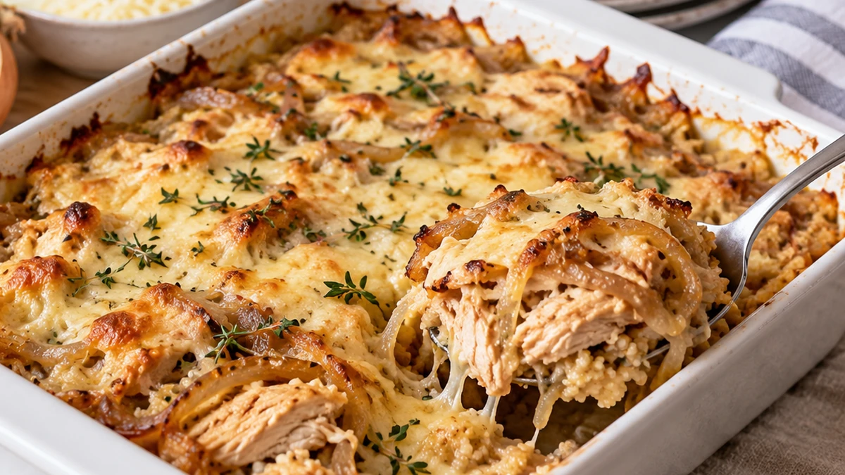 Serving of high protein French onion chicken casserole with creamy chicken, caramelized onions, and Gruyère