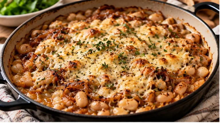 French onion white beans with caramelized onions, melted cheese, thyme, and creamy white beans in a skillet