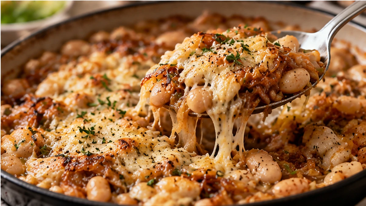 Spoonful of creamy French onion white beans with caramelized onions and melted cheese