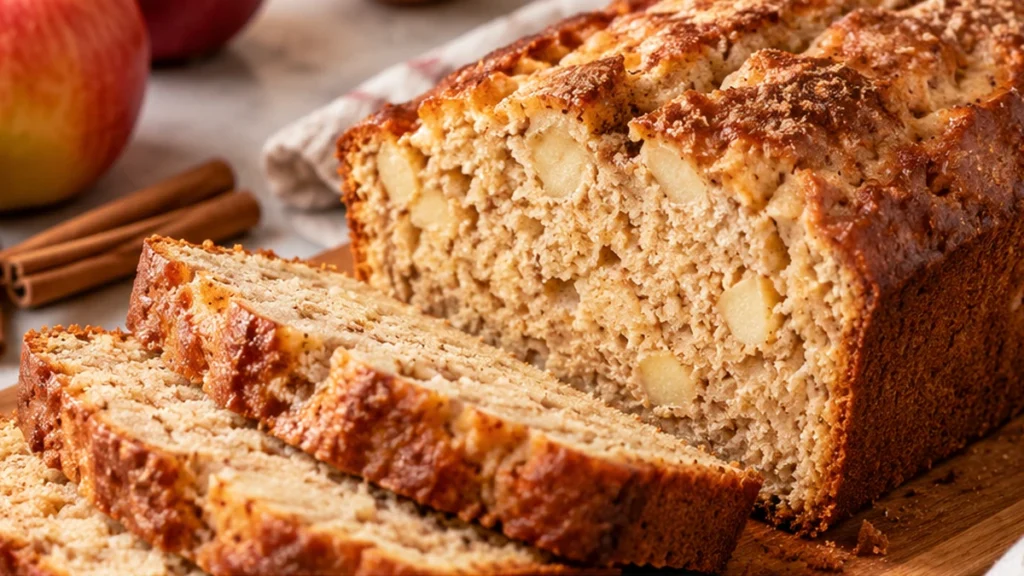Gluten free high protein apple ricotta bread with cinnamon and fresh apple pieces sliced on a wooden board