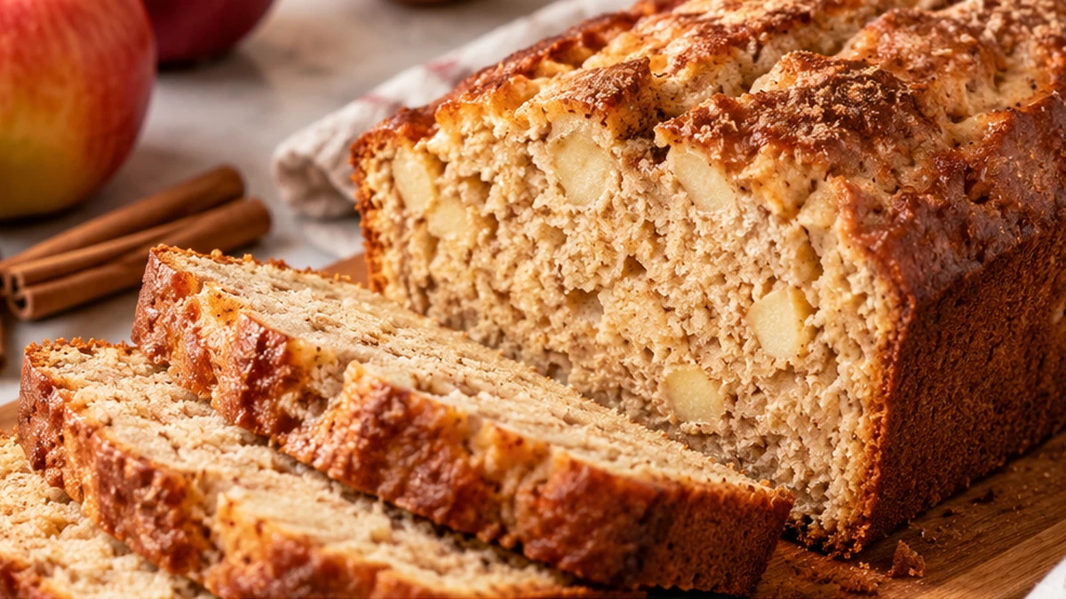 Gluten free high protein apple ricotta bread with cinnamon and fresh apple pieces sliced on a wooden board