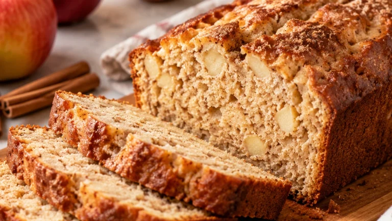 Sliced high protein apple ricotta bread with a moist cinnamon apple crumb