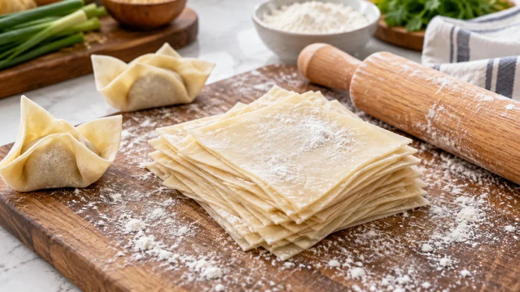 Homemade gluten free wonton wrappers stacked on a floured board beside folded wontons and a rolling pin