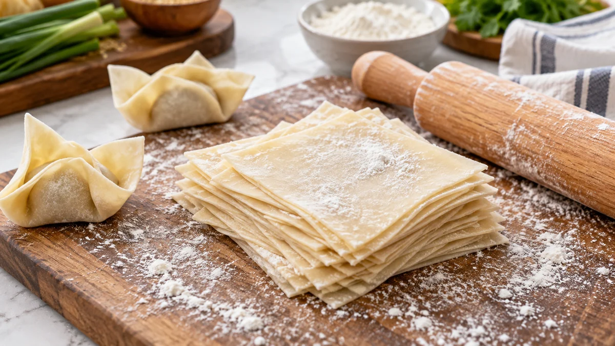 Homemade gluten free wonton wrappers stacked on a floured board beside folded wontons and a rolling pin