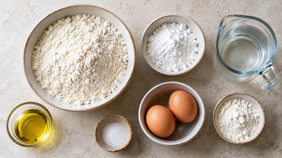 Gluten free flour blend, tapioca starch, eggs, warm water, oil, and salt arranged for wonton wrapper dough