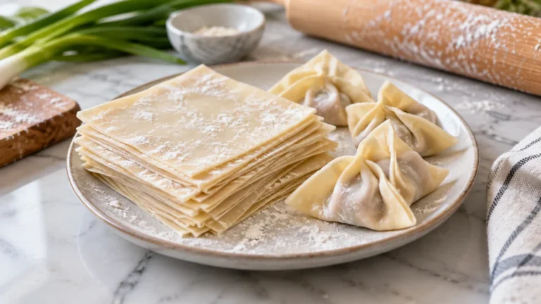 Stack of thin gluten free wonton wrappers with several folded uncooked wontons on a ceramic plate