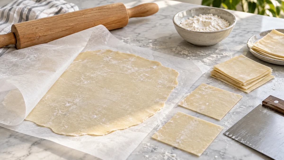 Thin gluten free wonton dough rolled on parchment and cut into square wrappers beside a rolling pin and bench scraper