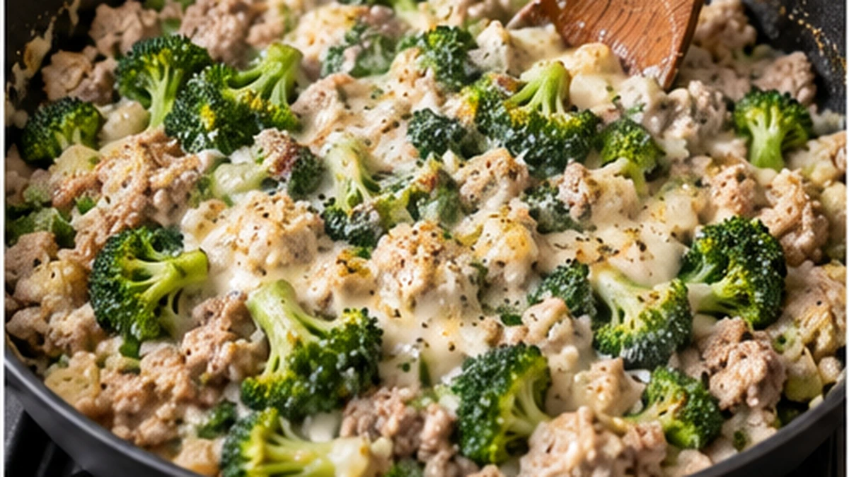 Creamy ground turkey and broccoli filling cooking in a skillet before adding tater tots