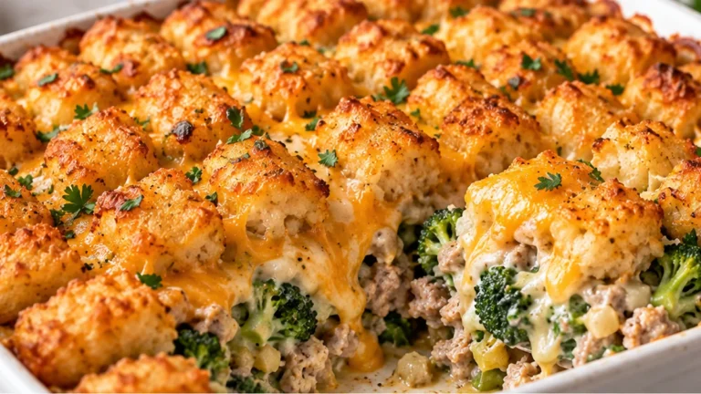 High protein ground turkey broccoli tater tot casserole with crispy potato tots and melted cheddar