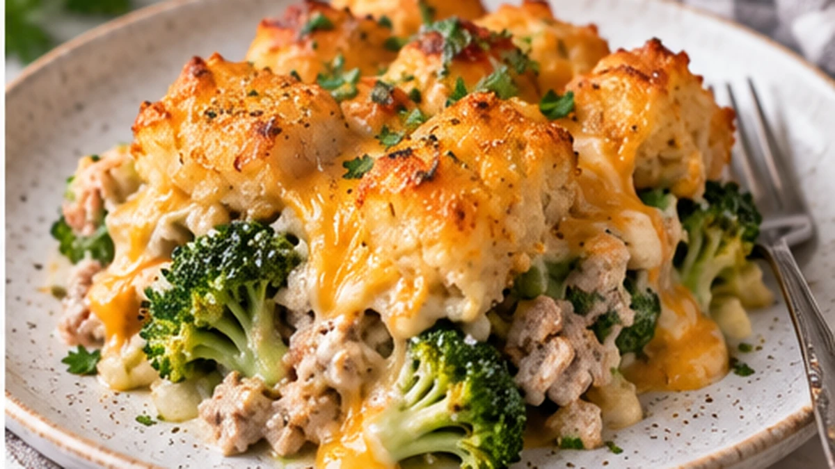 Serving of ground turkey broccoli tater tot casserole with crisp potato topping and melted cheddar