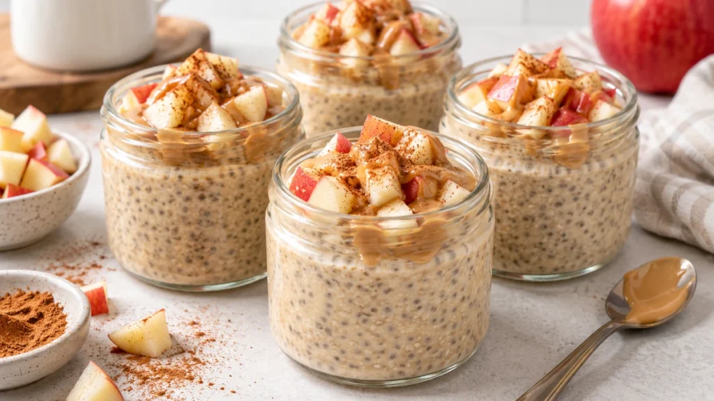 High protein apple peanut butter chia pudding in glass jars topped with diced apples, cinnamon, and peanut butter