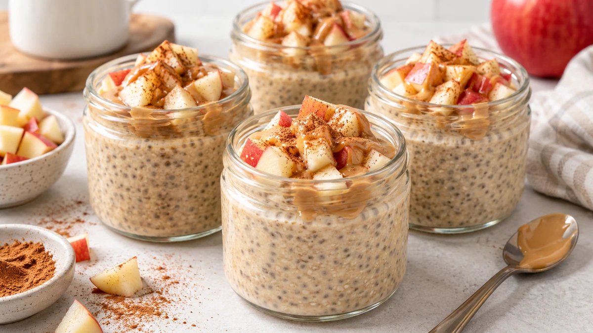 High protein apple peanut butter chia pudding in glass jars topped with diced apples, cinnamon, and peanut butter