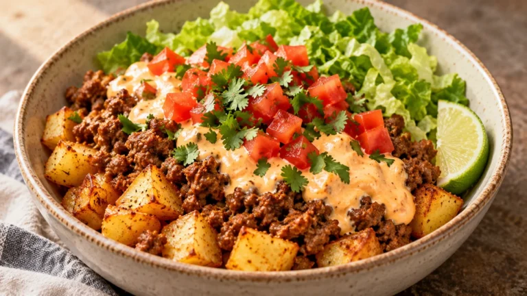 High protein cheesy beef taco potato bowl with crispy potatoes, lean beef, creamy cheese sauce, tomatoes, romaine, cilantro, and lime