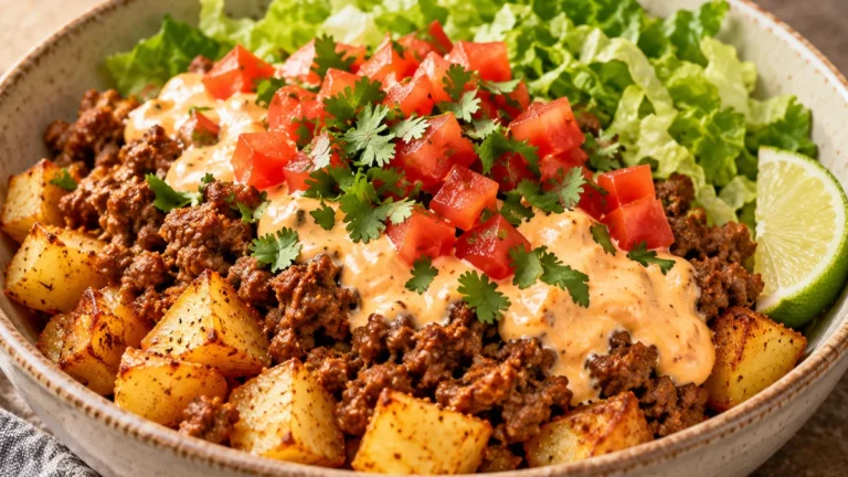 Close-up of cheesy beef taco potato bowl with roasted potatoes, seasoned ground beef, creamy cottage cheese sauce, tomatoes, romaine, and cilantro