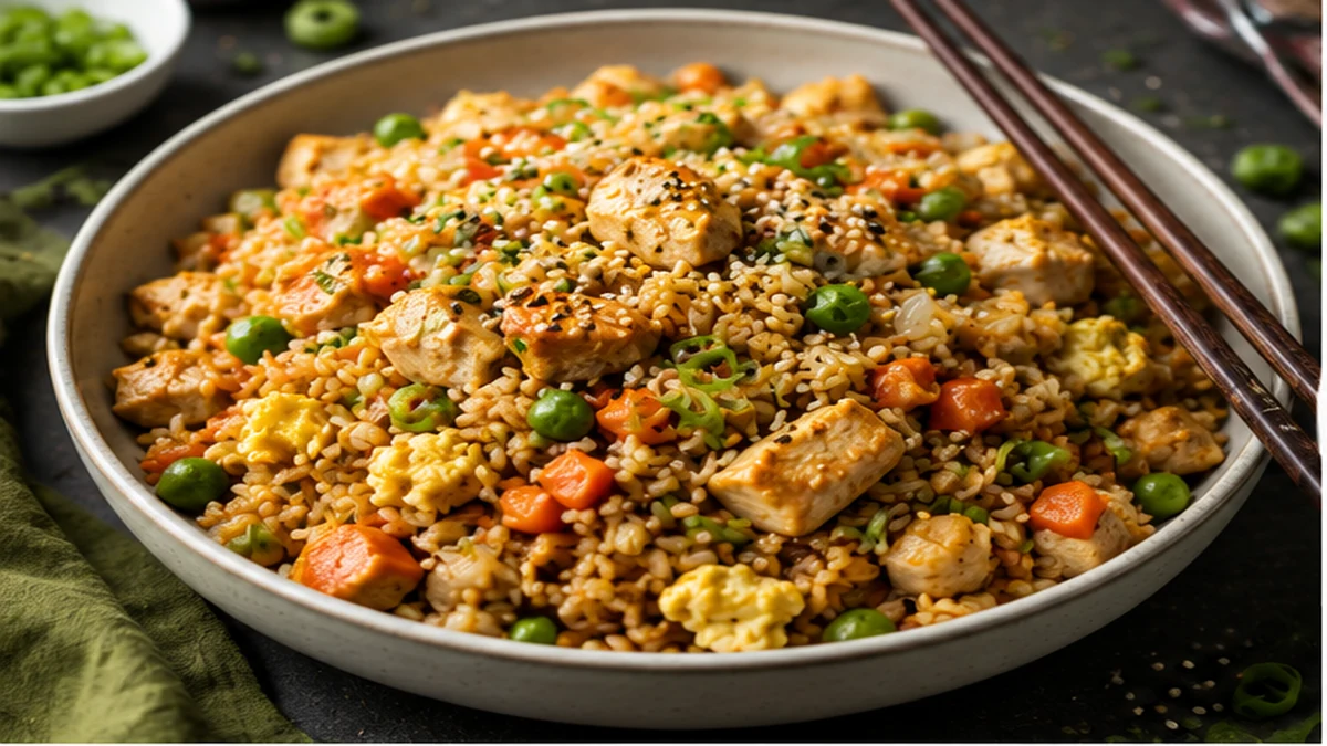High protein chicken fried rice with chicken breast, eggs, peas, carrots, rice, and green onions