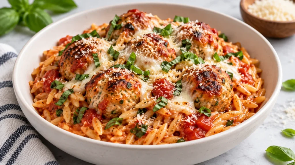 High protein chicken Parmesan meatballs and orzo with marinara, mozzarella, Parmesan, and fresh basil